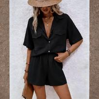Women’s Short Sleeve Shirt and Shorts Two Piece Set Relaxed Fit Button Down Top with Elastic Waist Shorts Suit for Summer XL gray
