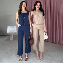 Europe, America, Amazon cross-border women's clothing new solid color sleeveless square collar button top pocket straight pants set XS abrikosas