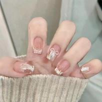 Almond Valentine's Day False Nail with Bowknot Leopard French Tips Press On Nail Artificial Nail Winter Nail Accesories 1