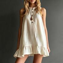 Women’s Sleeveless Ruffle Hem Dress Stand Collar Button Front Solid Tunic Dress with Relaxed Fit for Casual Daily Wear XXL smėlis
