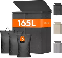 Lifewit skalbinių krepšys su 3 skyriais, 165 l, plastikine rankena, išimamu maišu, pilkas