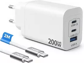 GaN Tech USB-C kroviklis 200 W, 3 jungtys, greitasis įkrovimas, PD, PPS, USB-C / USB-A, 2 m kabelis