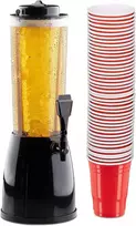 Relaxdays alaus bokštas su kraneliu, 2,5 l, 50 raudonų plastikinių puodelių rinkinys