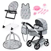 Bayer XEO Doll's Stroller, High Chair, Sleeping Bag Grey with Accessories 17007AB