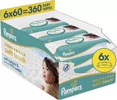 „Pampers“ drėgnos servetėlės „Aqua Soft Touch“, 6x60 vnt. [Be plastiko]