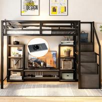 Aukšta lova 140x200, TV stalas, lizdas, kopėčios, metalas+MDF, juoda, 1 vnt