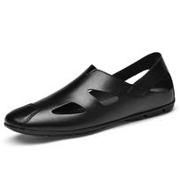 MadosSummer vyriškos natūralios odos basutės paplūdimio šlepetės batai firminės basutės užmaunamos kvėpuojančios skylutės laisvalaikio bateliai Zapatos Hombre 36 juoda