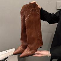 Moteriški kaubojaus stiliaus batai įslystami Elegantiški moteriški batai su kvadratiniu kulnu Ilgi auliniai batai Retro moteriški žieminiai batai 35 ruda