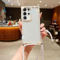 Applicable to Samsung S25ULTRA rhinestone frame mobile phone case A56 diagonal span lanyard S24 candy color groove protective case S24FE
