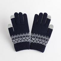 Unisex Touchscreen Compatible Knit Mittens with Crochet Pattern In Black and White One Size tamsiai mėlyna spalva
