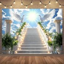 1pc Sky Dove Religious Spirit Theme Background Cloth  Party Banner  Dreamy Heaven Stairs Wedding Graduation Studio Background 150X100