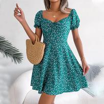 Women's Spring And Summer Casual Flare Sleeve Drawstring Lace-up Floral Dress L žalia