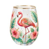 Butterfly Flamingo Glass Tumbler, Hand Painted Flower Garden Cup, Wine Juice Glass with Gold Rim, Unique Gift for Her A beige