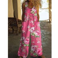 Women's Overalls Casual Loose Sleeveless Adjustable Straps Bib Wide Leg Jumpsuit With Pockets XXXL