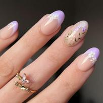24Pcs Glossy French Nail Purple Short Press On Nail Winter Floral Design Durability ABS Fake Nail for Women's Party 1
