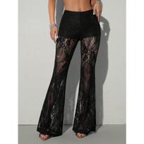 Women's High Waist Flare Pants Slim Fit Elegant Lace Pant Sheer Mesh Bell Bottom Trousers For Spring Party Club Outfit S juoda