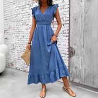 Women's Loose-fitting Casual V-neck Beach Fitted Dress M mėlyna