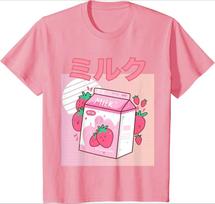 Festival Gift Short Sleeve Strawberry Milk Shake Carton Funny Retro 90s Japanese Interesting for Boy Girl Unisex TShirt 140