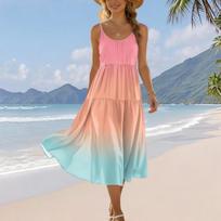 Women Summer Sleeveless Adjustable Strap Bohemian Printed Pocket Casual Beach Holiday Sundress Flowy Midi Dress XXL oranžinė