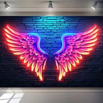 1 vnt. Angelo Sparnų Šventės Vėliava - Neono fluorescuojantis fonas su juodomis plytų sienomis ir raudonai švytinčiais sparnais šventės dekoracija 210x300cm blue