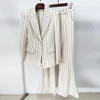 2026 Designer Vertical Stripe Wool Suit Set - High-End Jacket & Pants Extra Large smėlis