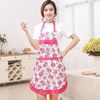 Elegant Women Floral Kitchen Bib Apron With Stylish Pockets For Cooking And Baking RoseRed