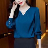 Spring Autumn Women's Clothing Embroidered Flares Pullover Blouses Fashion V-Neck Solid Color Long Sleeve Chiffon Shirts S mėlyna
