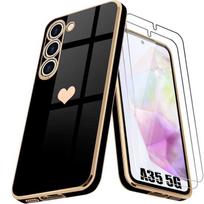 Protective Case - BOOLING - for Samsung Galaxy A35 5G - Black Shockproof - Gold Plated Heart Pattern - 2 Tempered Glasses
