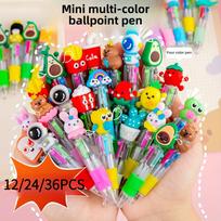 12/24/36pcs 4-color Retractable Ballpoint Pens, Medium Nib, Stick Pen Structure, All Kinds of Cute Designs, Suitable for School and Office Supplies mixed