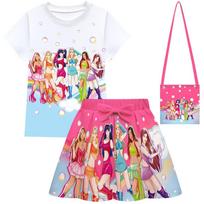 Fashion Girls KATSEYE Print Sets Short Sleeves T-Shirt Top Skirt Bag 100cm rožinė raudona spalva