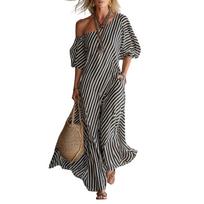 Women Off Shoulder Striped Maxi Dress Loose Fit Puff Sleeve One Shoulder Casual Long Dress Lightweight Fabric S juoda