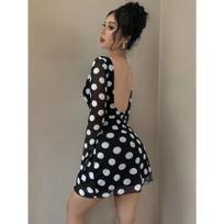 Women's Round Neck Long Flare Sleeve Mesh Mini Dress Bodycon High Waist Streetwear Polka Dot Sheath Dress S juoda