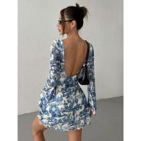 Women's Crew Neck Long Sleeve Flare Sleeve Slim Fit High Waist Vintage Print Mesh Mini Dress S mėlyna