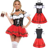 Moterų Oktoberfest kostiumo suknelės rinkinys apima suknelę, galvos juostą, chokeriuką, tradicinio stiliaus korsetą su nėriniuotu užsegimu, atvirų pečių dizainą XXL raudona