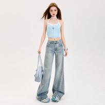 Spring Summer Light Blue Low Waist Micro Flare Denim Pants For Women Casual Pants Oversize Denim Trousers XS