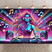 vivid neon DJ party background canvas - colorful music symbols and headphone design 180X110