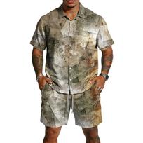 Men's Casual Short Sleeve Button Down Shirt and Drawstring Shorts Set Lightweight Breathable Fabric Textured Print Summer Outfit M chaki