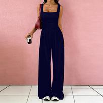 Women Sleeveless Wide Leg Jumpsuit Square Neck Ruched Bodice Casual Loose Fit Long Pants Outfit XL tamsiai mėlyna