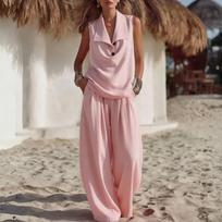 Women's Two Piece Set Sleeveless Collar Top and Wide Leg Pants Casual Loose Fit Outfit Suitable for Daily Wear and Relaxed Occasions L