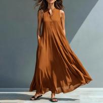 Sleeveless Maxi Dress for Women Button Front Loose Fit Flowy Long Dress with Stand Collar and Pockets Summer Dress Casual Wear XL ruda