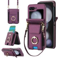 Flip7 Ring&Lanyard&Long Rope Crossbody Phone Case for Samsung Galaxy Z Flip 7 6 5 4 3 Button Card Holder Wallet Pu Leather Cover Galaxy Z Flip7 tamsiai violetine spalva