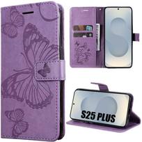 Protective Case - BOOLING - for Samsung Galaxy S25 Plus - Purple PU Leather - Butterfly Pattern - Shockproof