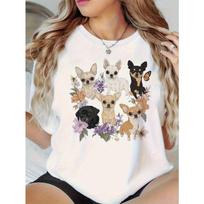Women Vintage Chihuahua Floral Print T-Shirt Round Neck Short Sleeve Pet Lover All-Season Casual Top S balta