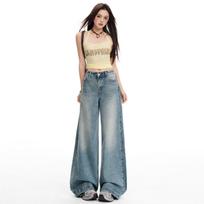 Spring Summer Vintage Sandblast Washed Relaxed Micro Flare Stylish Daily Casual Denim Pants Ladies Casual Pants Oversize Denim Trousers XS