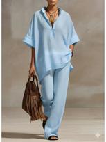 Women's Summer/Fall Casual Relaxed-Fit Solid-Color Shirt and Wide-Leg Pants Set S dangaus mėlyna spalva