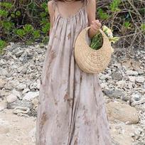 Ink Painting Loose Sleeveless Sling Dress Niche Design High-end Floral Long Dress Summer Casual Long Holiday Dress XL gray