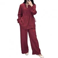 2-Piece Kit Women Top Pants Suit Round Neck Half Single-breasted Long Sleeves Relaxed Fit Blouse Wide Leg Pure Color Trousers Leisure Pan M vyno raudonos spalvos