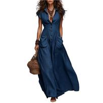 Women Short Sleeve Casual Maxi Dress Button Down Long Dress with Pockets Lapel Collar Loose Fit Summer Style L