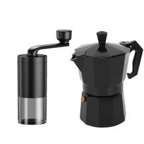 Italian Moka Pot & Grinder Set 150Ml (3-Cup) Stovetop Espresso Maker + Manual Coffee Mill - Leakproof Aluminum W/Heatsafe Handle