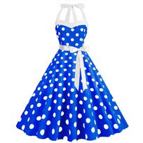 Vintažinė 1950-ųjų Retro taškuota suknelė moterims Rockabilly Swing suknelė su kaspinėliu Raudona ir Balta S mėlyna